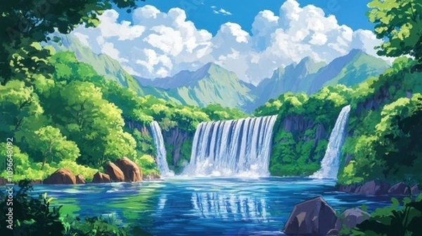 Fototapeta Torrents of water powering a hydroelectric dam amidst a serene mountain landscape, with clear skies and dense forest framing the scene.