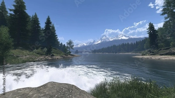 Fototapeta Torrents of water powering a hydroelectric dam amidst a serene mountain landscape, with clear skies and dense forest framing the scene.