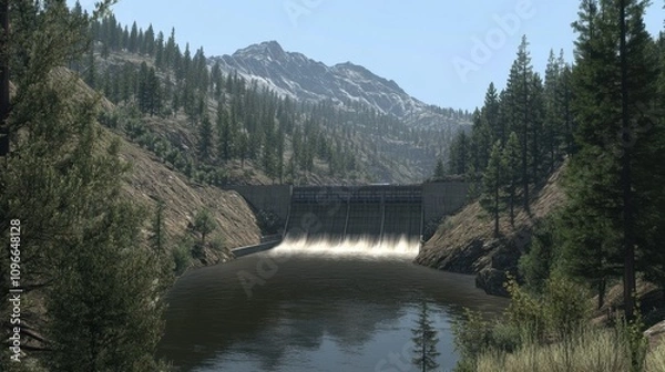 Fototapeta Torrents of water powering a hydroelectric dam amidst a serene mountain landscape, with clear skies and dense forest framing the scene.