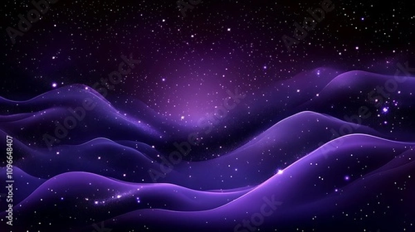 Obraz Purple Glowing Abstract Background with Glitter, Bokeh Lights, Shining Stars, and Digital Wave of Particles – Fantasy Landscape on a Dark Night Sky