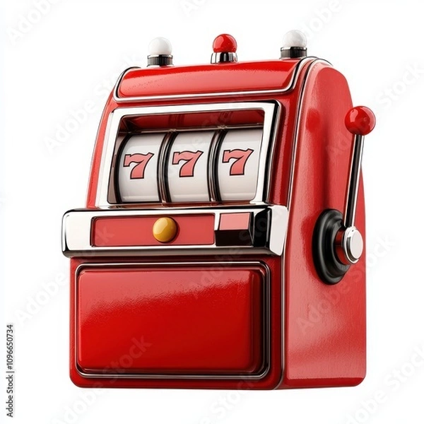Fototapeta A vibrant red slot machine featuring three reels, each depicting the lucky number seven, symbolizing chance and gambling excitement.