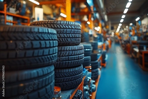 Fototapeta Stacks of new car tires in a well-organized automotive parts warehouse