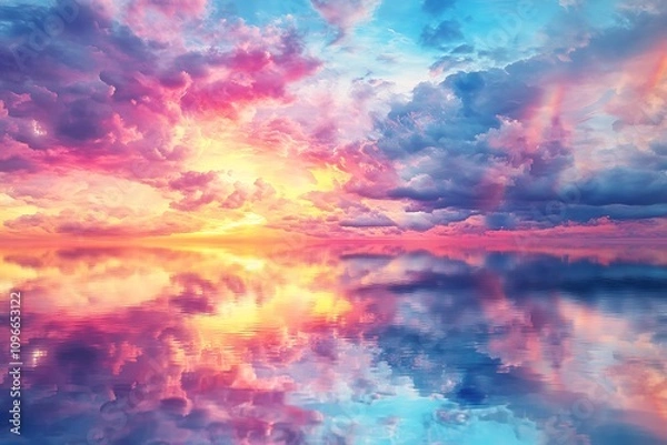 Obraz Beautiful Rainbow Over the Sea with a Reflection in the Water, Sky and Clouds, Fantasy Landscape, Beautiful Natural Background