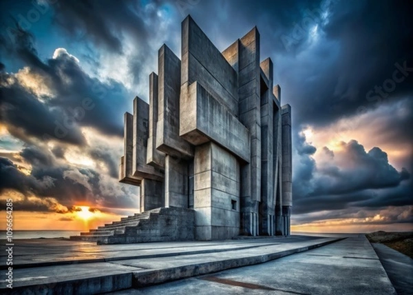 Fototapeta A Stunning Hyperrealistic Portrait of Brutalist Architecture Reflecting Historical Power and Raw Design Against a Dramatic Sky at Sunset