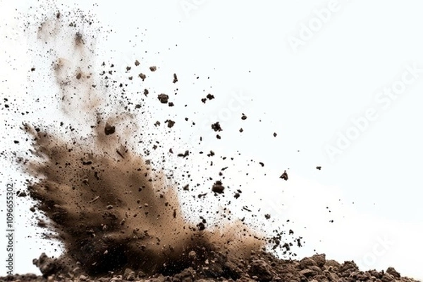 Fototapeta Close-up of soil particles scattering and exploding into the air on a white background. Dynamic motion capture symbolizing energy, nature, and impact.