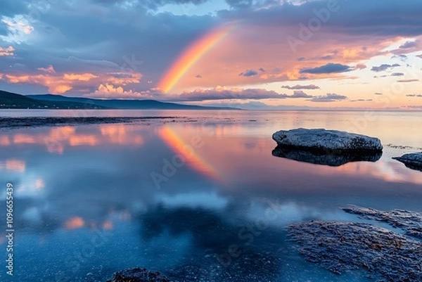 Obraz Beautiful Rainbow Over the Sea with a Reflection in the Water, Sky and Clouds, Fantasy Landscape, Beautiful Natural Background