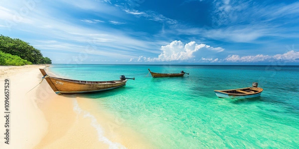 Obraz A serene beach with clear turquoise waters and scattered wooden boats, bordered by lush greenery, perfect for a peaceful escape into nature's beauty.