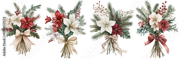 Fototapeta Set of watercolor bouquet of red and white poinsettia, tied with ribbon, eucalyptus, gum leaves, sage green, watercolor, isolated on a Transparent background