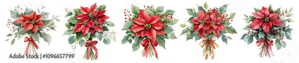 Fototapeta Set of watercolor bouquet of red poinsettia, tied with ribbon, eucalyptus, gum leaves, sage green, watercolor, isolated on a Transparent background