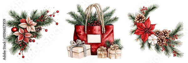 Fototapeta Set of watercolor Christmas decor elements isolated on a Transparent background