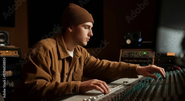 Fototapeta a young man in professional music recording studio, with color beanie and jacket