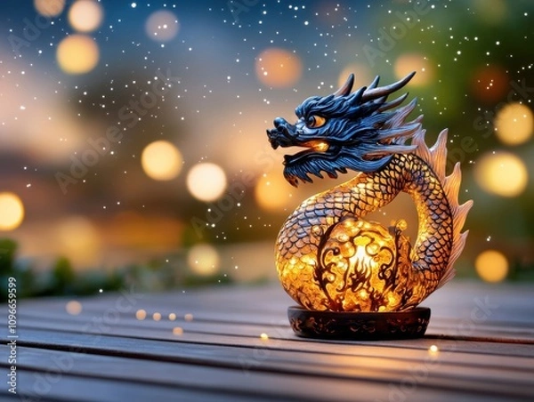 Obraz Glowing Dragon Lantern on a Wooden Surface