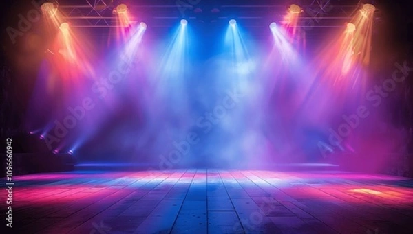 Fototapeta Vivid empty stage with colorful lights and smoke creating a mystical atmosphere illuminated with blue purple hues wooden floor club