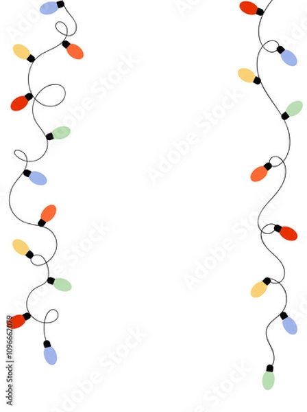 Fototapeta Curvy strings of Christmas garland lights on vertical white background. Celebration vector template with empty space for text.