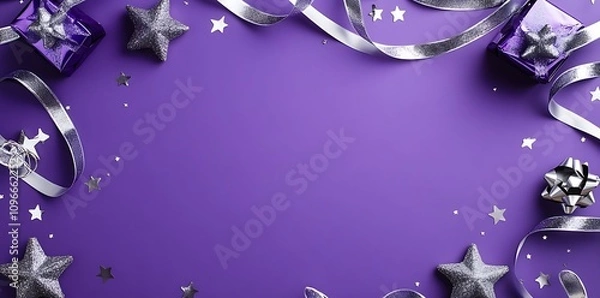 Obraz Purple Background with Silver Ribbons and Stars, Flat Lay Top-Down View, Elegant and Festive Design, Perfect for Special Occasion Celebrations