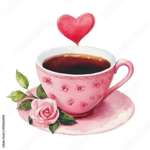Fototapeta Delicate teacup with rose and heart on top, filled with steaming tea, inviting warmth and romance for cozy moments
