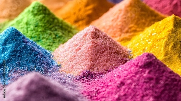 Fototapeta A macro shot of colorful chemical powders, with each pile of granules neatly arranged, the fine texture illuminated softly to highlight the vibrant colors and delicate patterns.