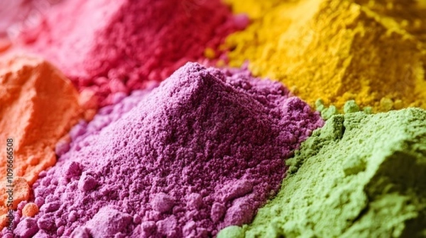 Fototapeta Vivid chemical powders in bright colors, captured in a detailed close-up shot that emphasizes the fine, granular texture of each pile under soft, even lighting.