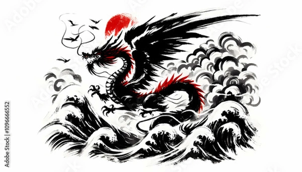 Obraz Dragon drawing detailed by black and red ink brush at a white paper media