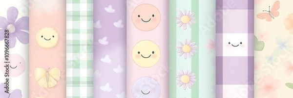 Obraz Pastel Smiley Faces, Flowers, and Checkered Squares Seamless Patterns, Soft Color Palette with Lavender, Mint Green, Blush Pink, Lilac, and Baby Blue