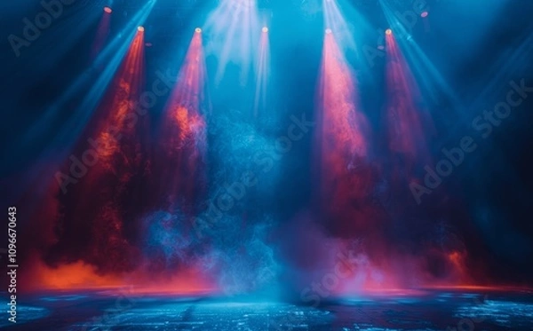 Fototapeta Empty Stage with Blue Spotlights and Smoke Creating a Moody Concert Atmosphere