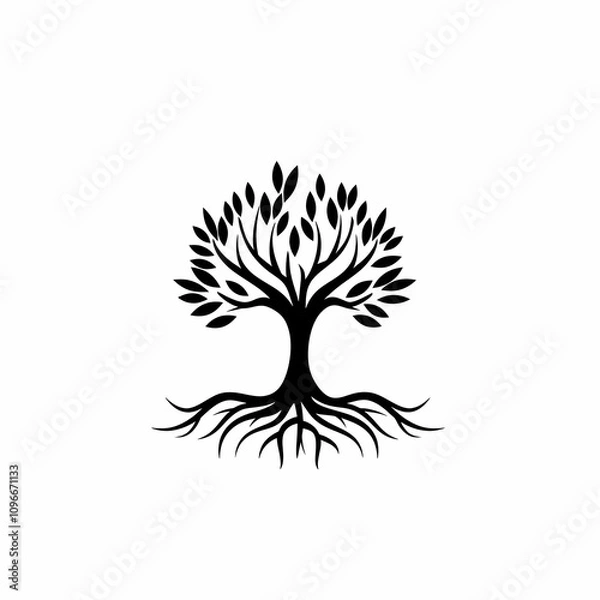 Fototapeta Black vector logo of a tree with roots, in a simple minimalistic style, on a white background with no shadows. 