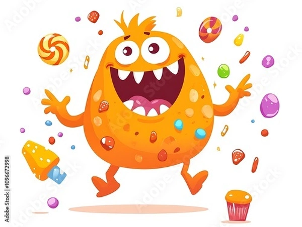 Obraz Cute Cartoon Orange Monster with Candy, Happy Expression, Lively Movements, and Colorful Elements in Flat Design