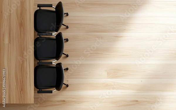 Fototapeta Modern office meeting room with wooden table and black chairs, showcasing clean and organized workspace. natural light enhances warm tones of wood floor