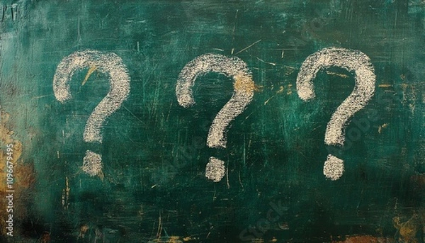 Fototapeta Chalkboard with three large question marks drawn in white chalk on a green background, simple and bold design