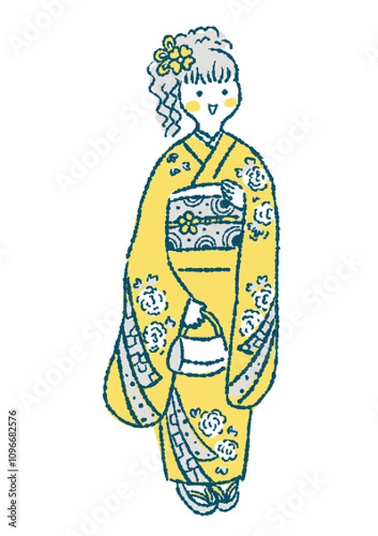 Fototapeta 振袖を着た女性の手描きイラスト