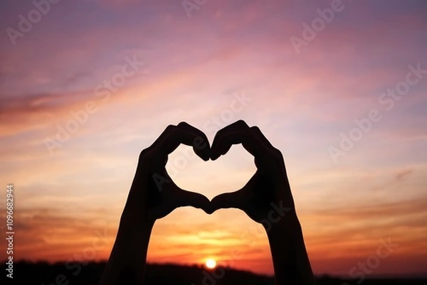 Obraz Silhouette of Hands Forming a Heart Shape Against a Romantic Sunset Sky