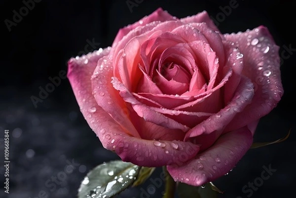 Obraz Close-Up of a Dew-Kissed Pink Rose on a Dramatic Dark Background for Valentine’s Day