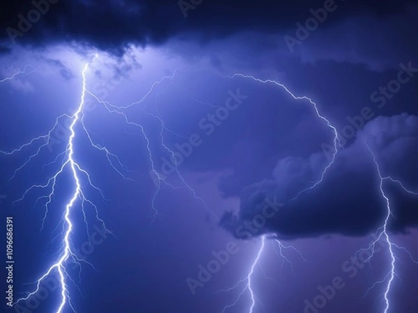 Fototapeta Eerie lightning strikes in a dark thunderstorm sky with ominous clouds in the background, clouds, ominous clouds, thunderstorm