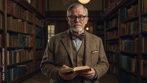 Obraz a scholarly male librarian in his late 50s, wearing a tweed jacket, bow tie, and corduroy pants. He has round glasses, a pocket protector, and is holding a stack of book