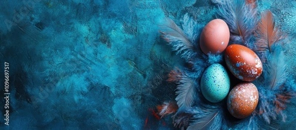 Fototapeta Easter eggs in vibrant colors surrounded by feathers on a blue textured background creating a festive spring atmosphere