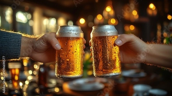 Obraz Two hands meet in a toast, raising chilled beer cans in a cozy pub setting, illuminated softly
