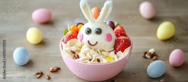 Fototapeta Easter themed breakfast bowl with bunny face made of fruit and yogurt surrounded by colorful eggs on a wooden surface