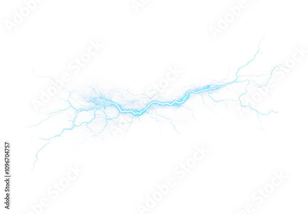 Fototapeta Electric blue lightning bolt illuminating isolate on transparent background, cutout, png