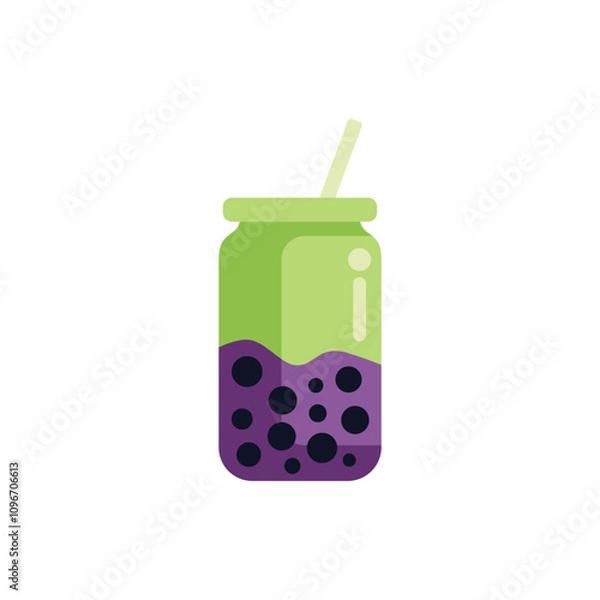 Fototapeta Refreshing and delicious green smoothie with boba tapioca pearls in a mason jar with a straw