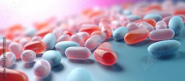 Fototapeta Pharmaceutical branding concept with multicolored capsules and pills representing dietary supplements and beauty nutrition for healthcare marketing