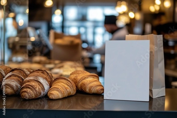Fototapeta Freshly baked croissants displayed with blank sign mockup template in bakery window