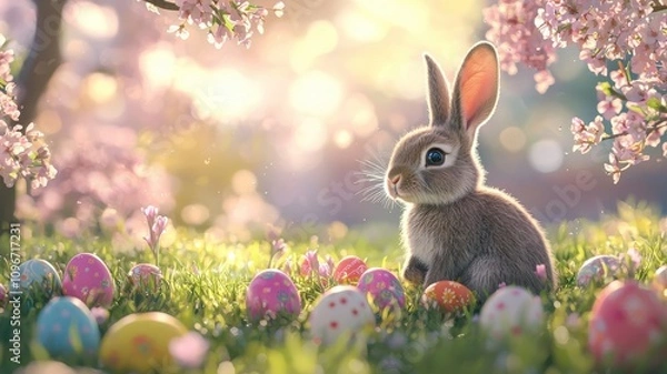 Fototapeta Rabbit with Easter Eggs Under Cherry Blossoms