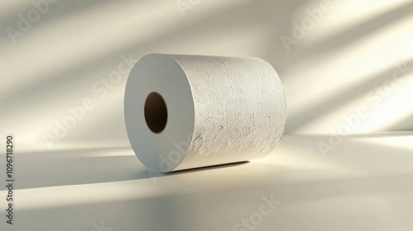 Fototapeta Toilet paper roll with textured surface on light background.