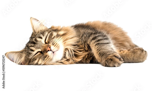 Fototapeta Fluffy cat sleeping peacefully on a flat surface isolate on transparent background, cutout, png