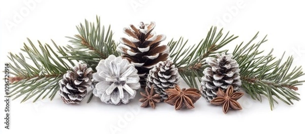 Fototapeta Silver pine branches with pine cones star anise and grape sugar arranged on a white background for a festive seasonal decor concept
