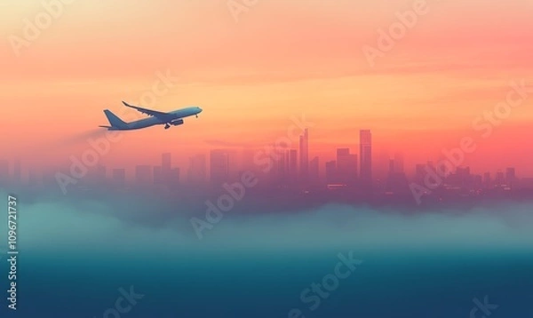 Fototapeta A plane flying over a city skyline at sunset with clouds below.