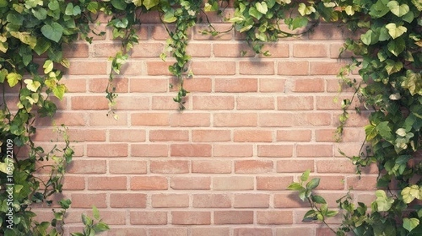 Obraz A serene view of a brick wall adorned with lush green vines, creating a perfect blend of nature and architecture, ideal for backgrounds or design projects.
