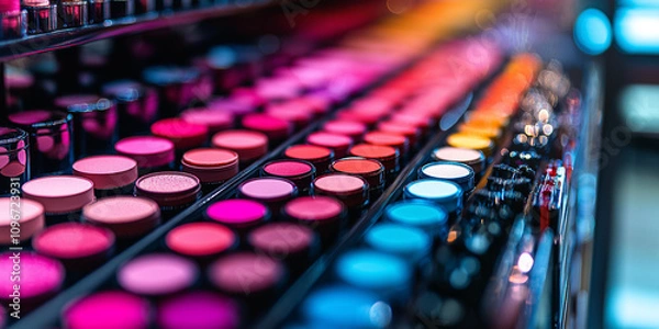 Fototapeta A colorful makeup selection showcasing various vibrant shades displayed in neat rows, beautifully capturing an array of eye-catching and trendy cosmetic options.