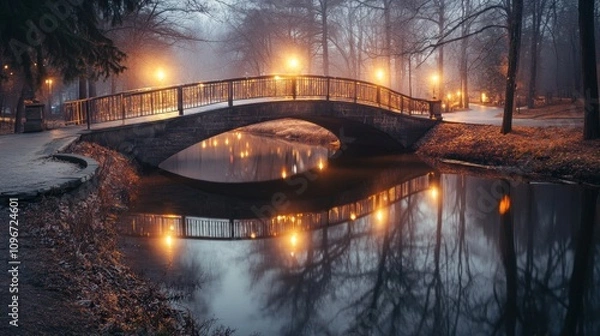 Obraz A serene bridge over a misty river, illuminated by warm streetlights in a tranquil park.