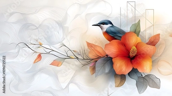 Fototapeta Design a colorful and dynamic pattern inspired by the lush foliage of the rainforest, featuring tropical flowers, exotic birds